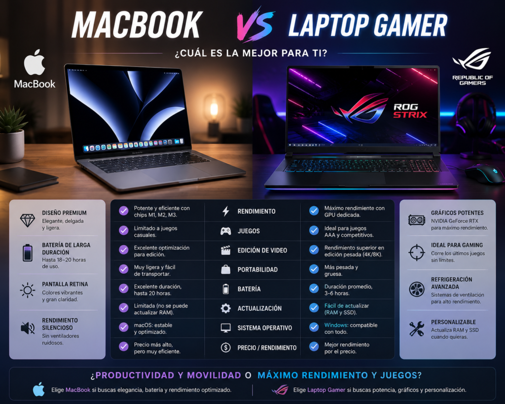 MacBook and gaming laptop side by side on a modern desk, highlighting the differences in performance, battery life, portability, gaming capabilities, and productivity for students, professionals, content creators, and gamers.