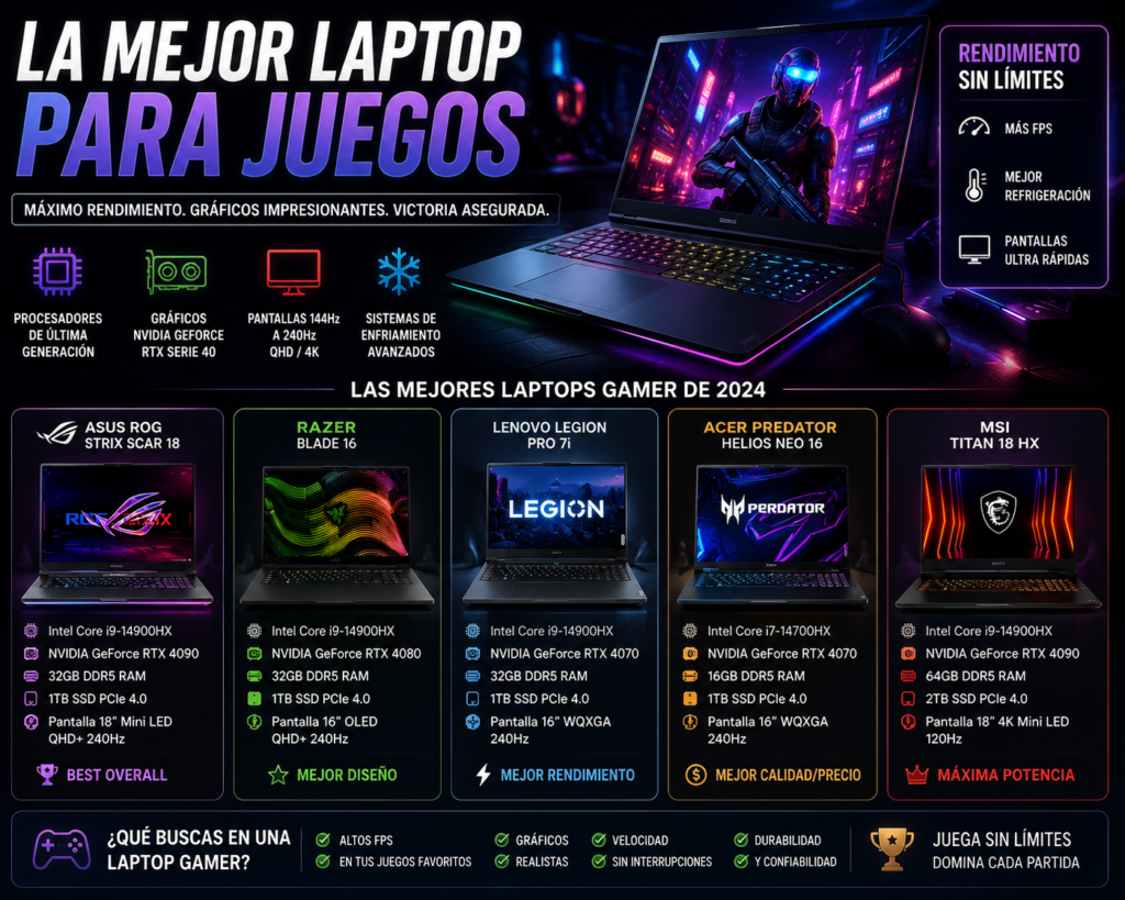 Infographic comparing the best gaming laptops, featuring ASUS ROG, Razer Blade, Lenovo Legion, Acer Predator, and MSI Titan. Highlights include Intel Core processors, NVIDIA GeForce RTX graphics cards, high refresh rate displays, and advanced cooling systems for maximum gaming performance.