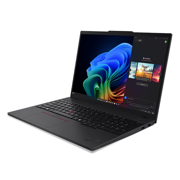 Lenovo ThinkPad T16 Gen 4 (AMD) business laptop open on a desk, showcasing its 16-inch display, full-size keyboard with TrackPoint, and premium professional design.